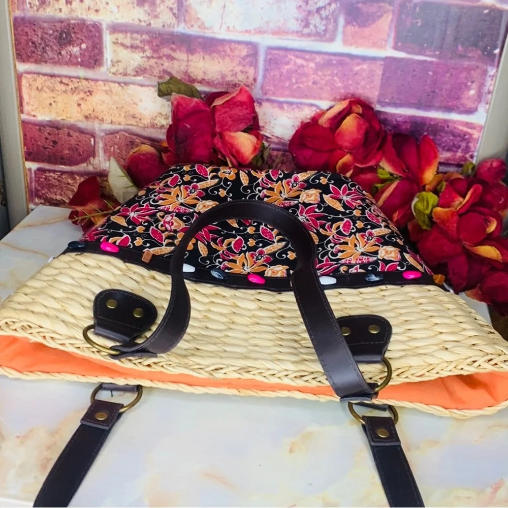 Woven Rattan and Canvas Beaded Floral Market Tote